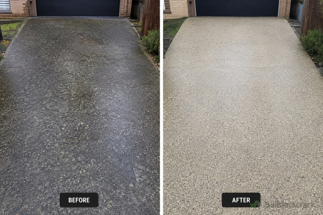 Before and after view of a resurfaced driveway
